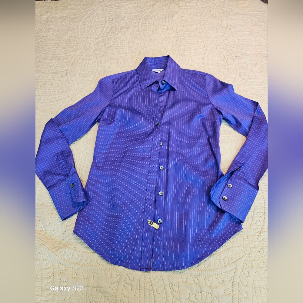 Calvin Kleins Ladies Purple & White Pinstriped Dress Shirt